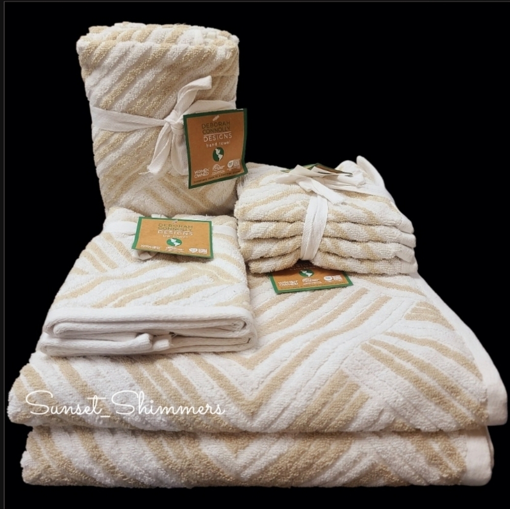 10pc Deborah Connolly Tan White Heringbone Bath Hand Tip Washcloth Towel Set NEW
